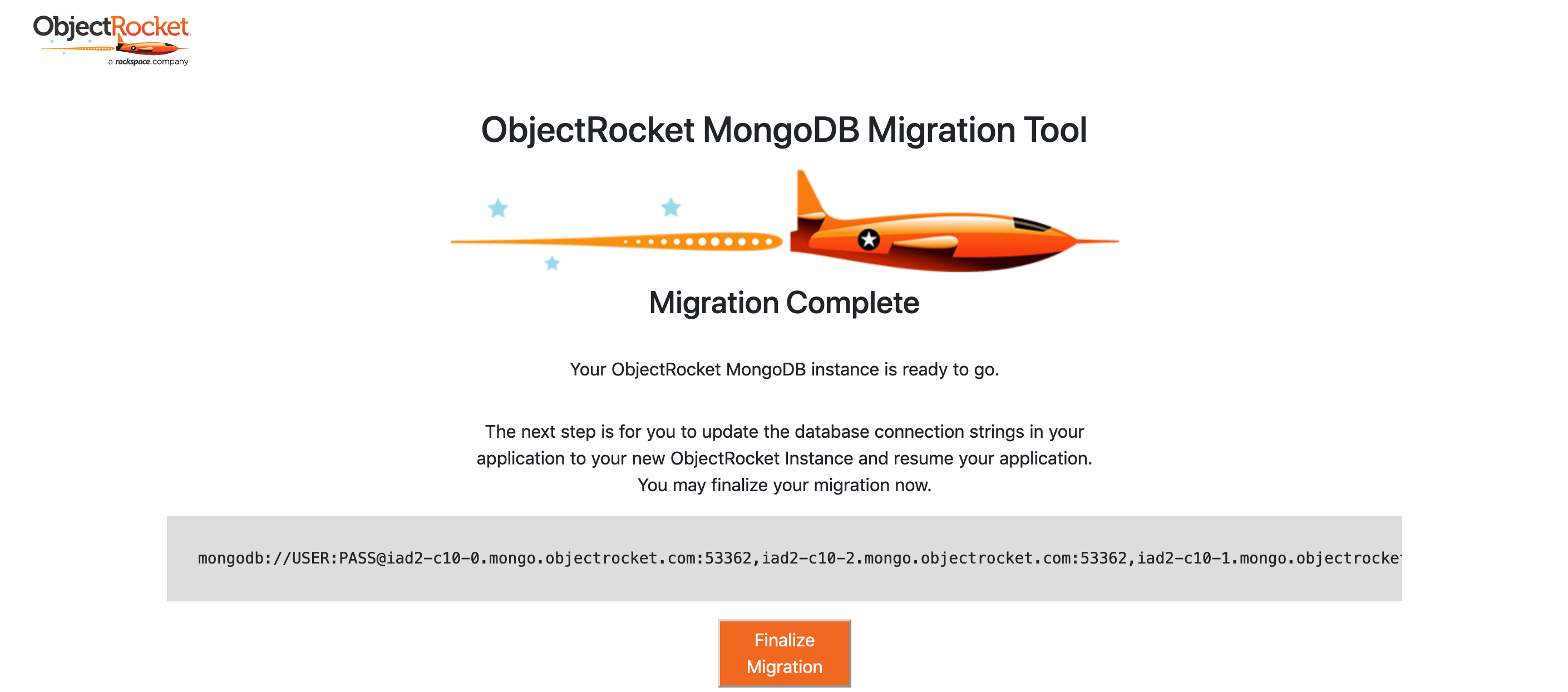 ObjectRocket Finalize MongoDB Migration page.