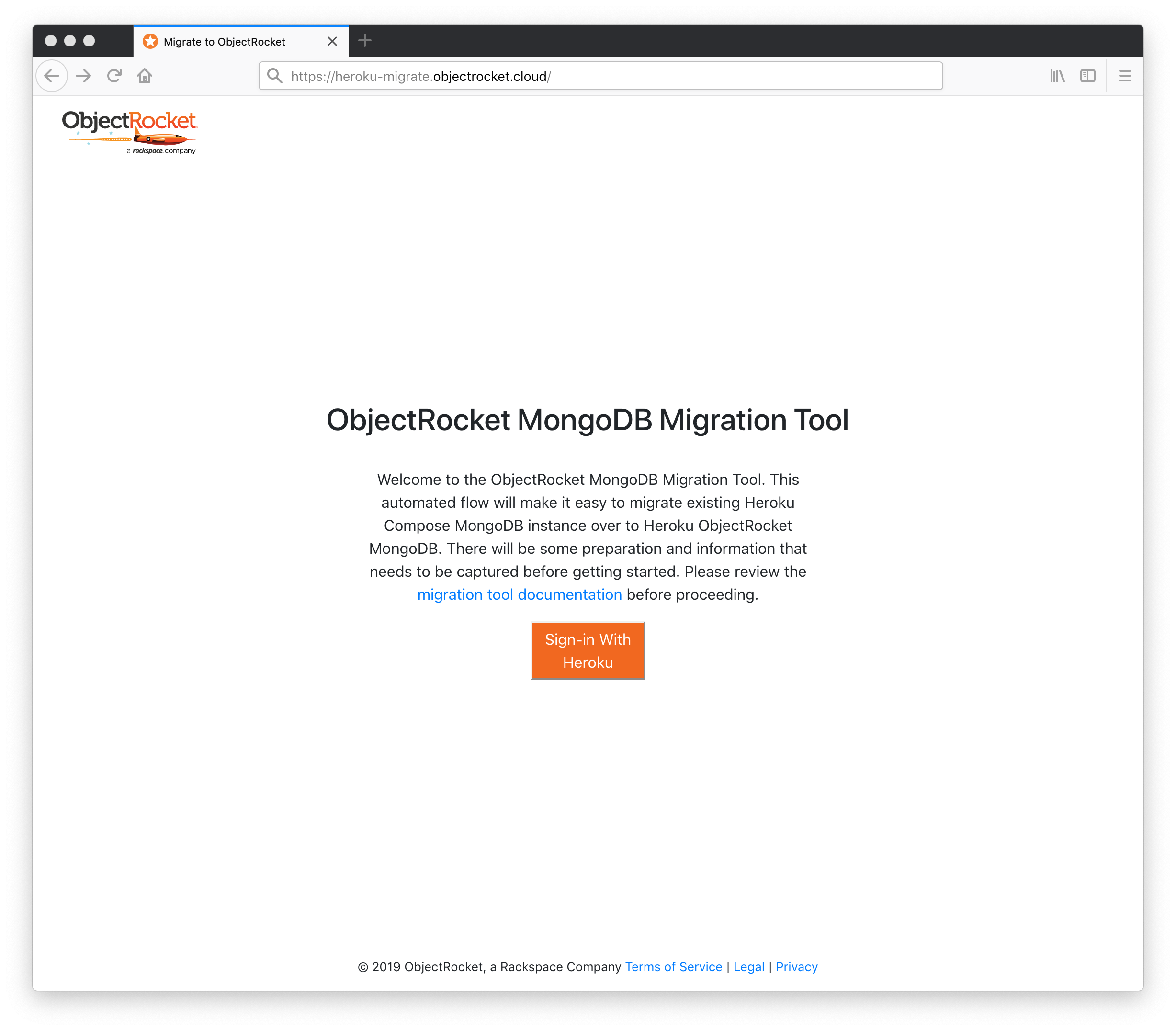 ObjectRocket MongoDB migration tool welcome page