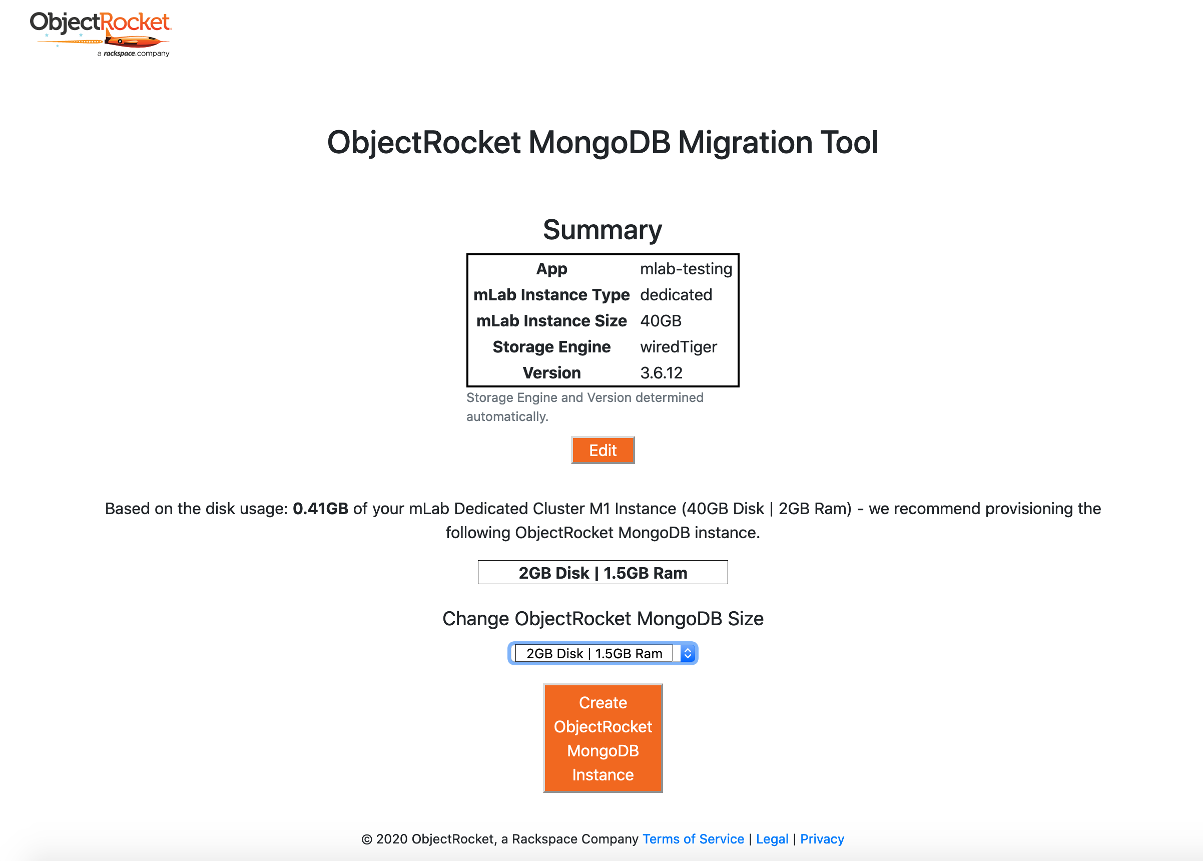 ObjectRocket MongoDB Provision and Pricing Page.