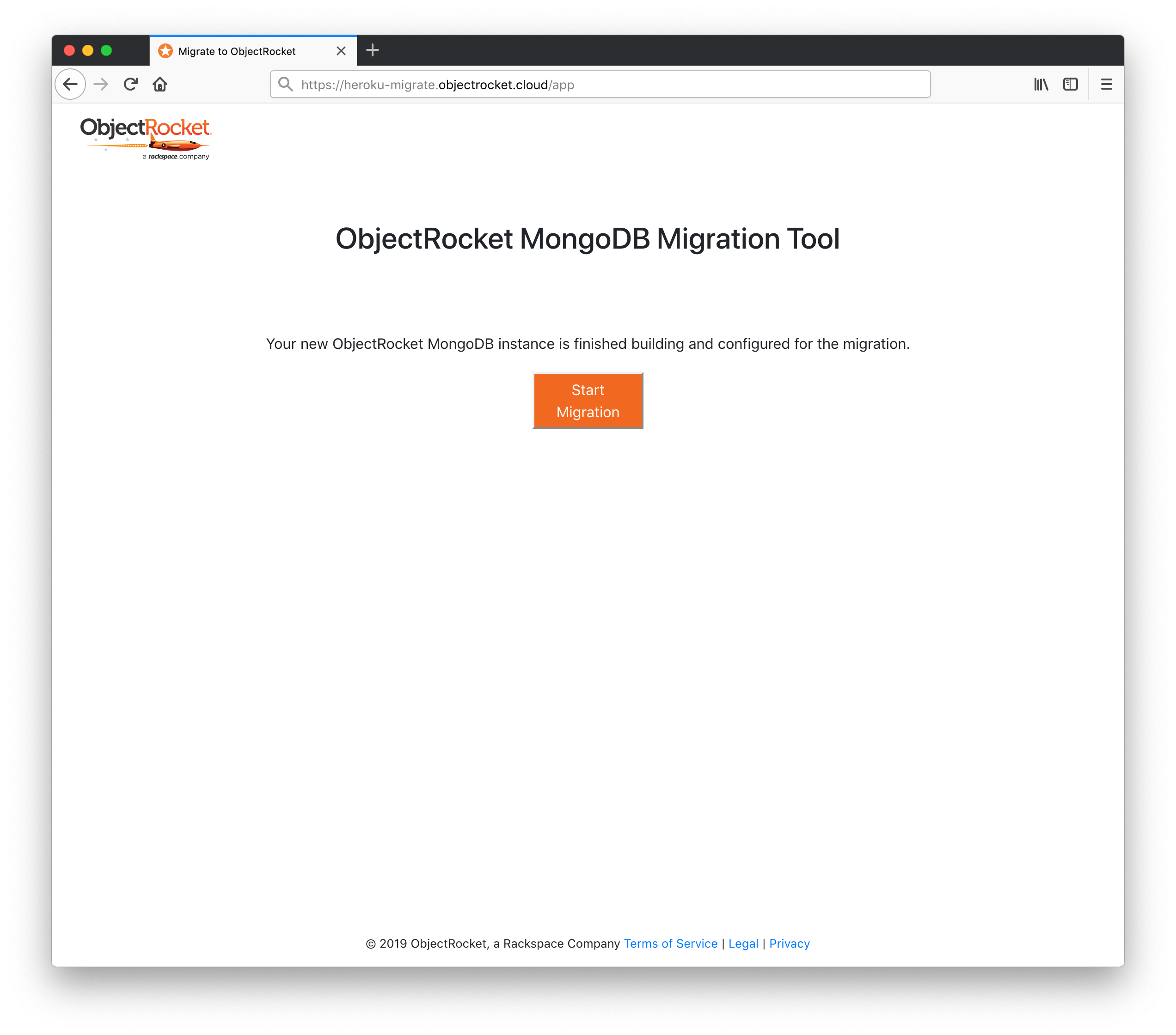 ObjectRocket Start MongoDB Migration page.